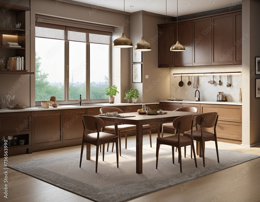 Traditional Brown Kitchen Interior with Dining Area Traditional Brown Kitchen Interior with Dining Area