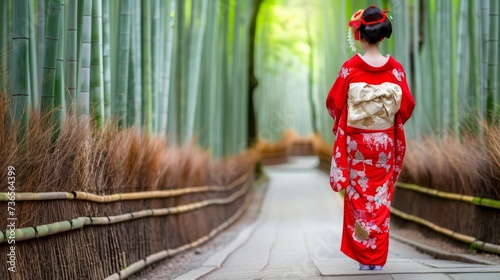 Japanese woman in vibrant kimono, geisha in lush bamboo forest with blurred background
