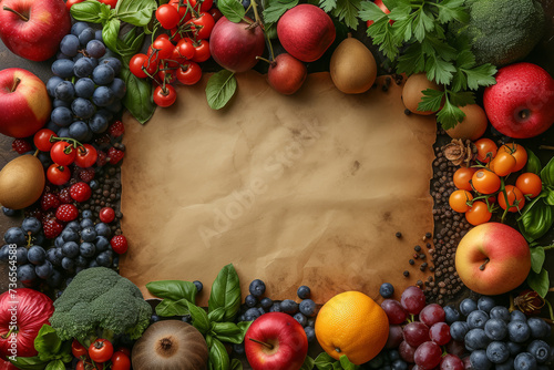 Top view of an antique parchment background surrounded by various fruits and vegetables  providing a fresh and colorful frame for text. Concept of wholesome abundance. Generative Ai.