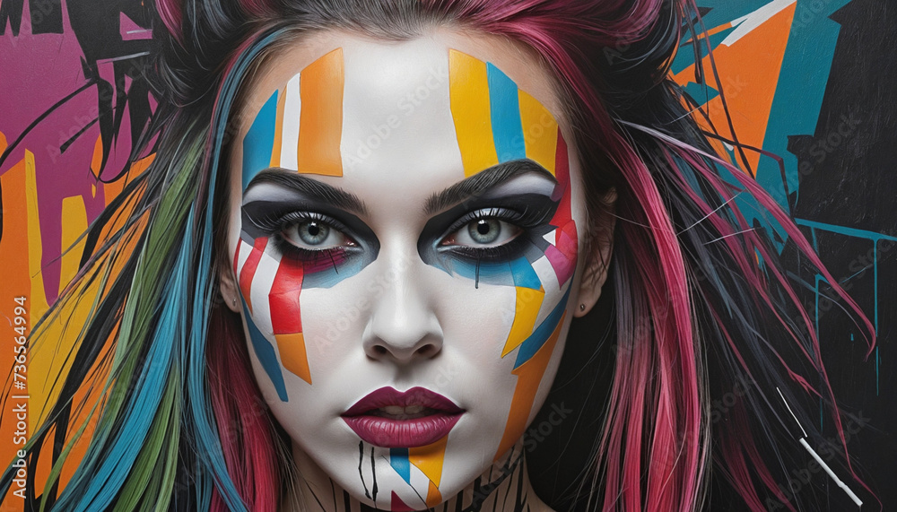 Abstract Human Face Painting with Colorful Geometric Shapes Abstract Human Face Painting with Colorful Geometric Shapes
