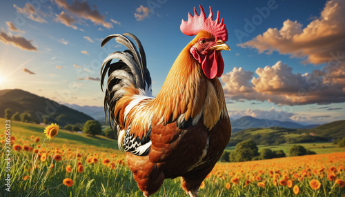 Colorful landscape with a rooster in the foreground