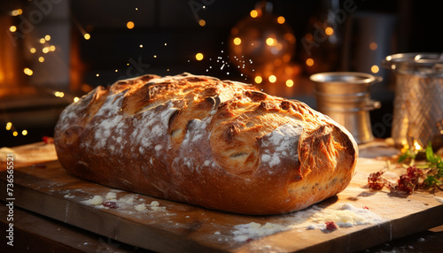 Freshly baked bread on a wooden table, a homemade gourmet delight generated by AI