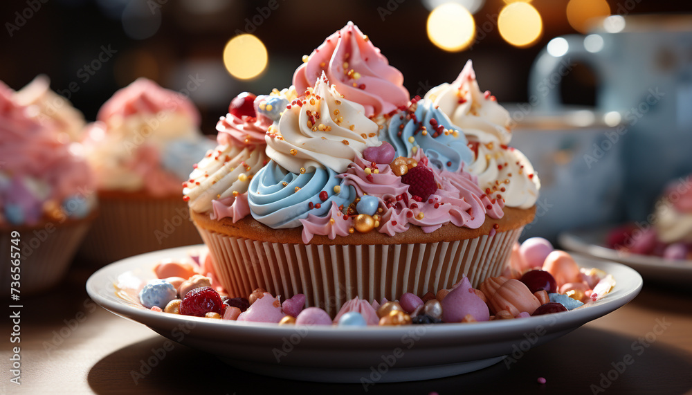 Cupcake dessert, gourmet baked indulgence, pink muffin, homemade chocolate strawberry generated by AI
