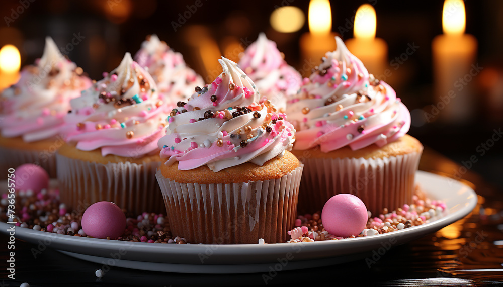 A cute homemade cupcake with pink icing and chocolate decoration generated by AI