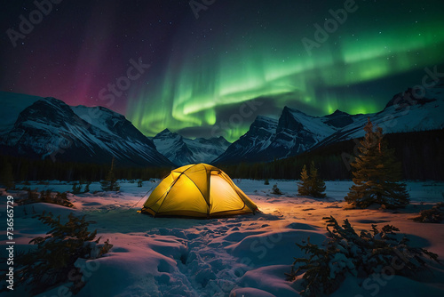 Aurora borealis, northern lights above camping tent in the snowy mountains. Generative AI