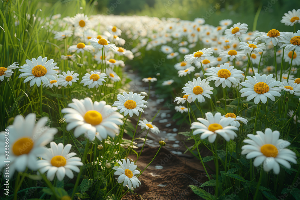 Fototapeta premium A field of daisies with a narrow pathway in the center, offering a whimsical and natural space for text. Concept of blooming pathways. Generative Ai.