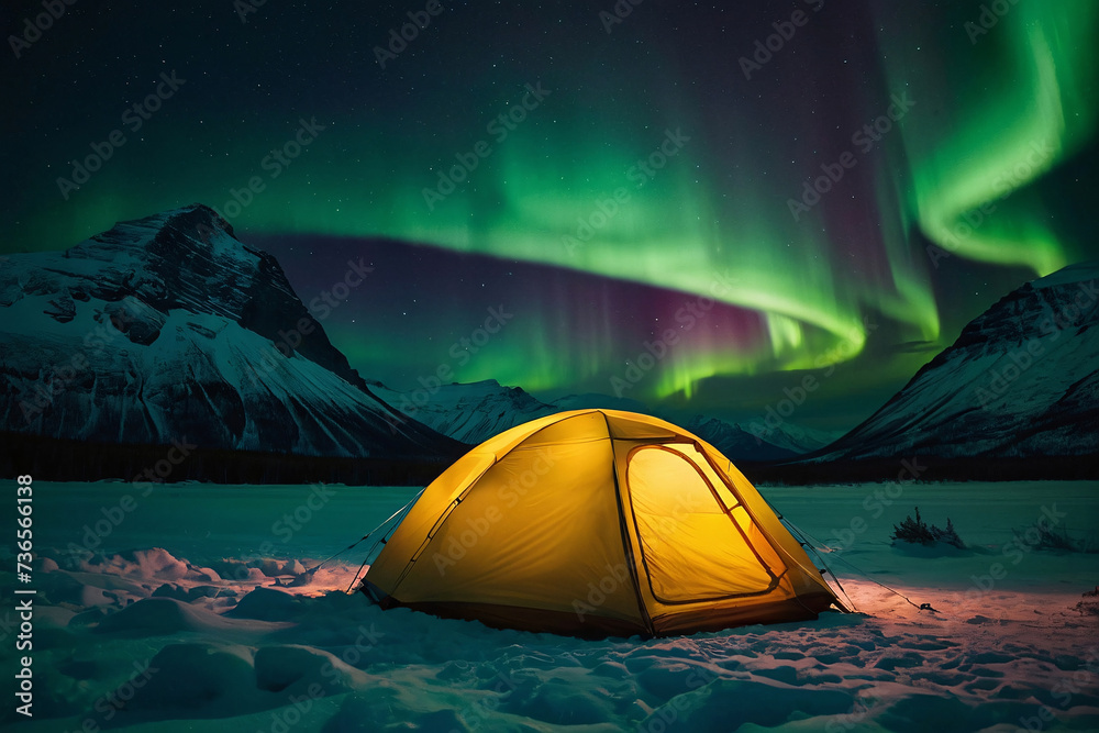 Aurora borealis, northern lights above camping tent in the snowy mountains. Generative AI