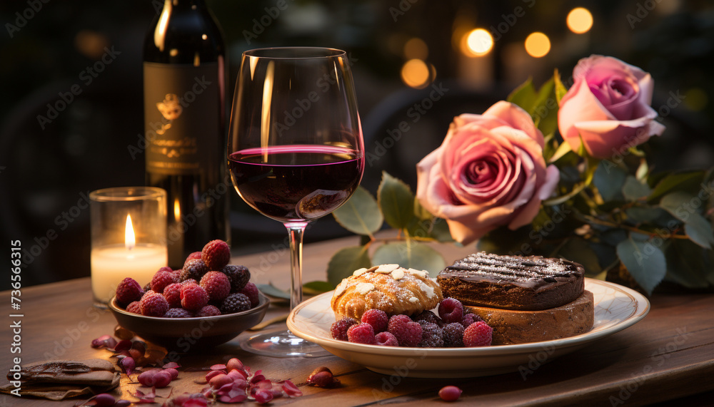 Raspberry dessert, gourmet table, wine, chocolate, sweet food, berry generated by AI