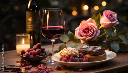 Raspberry dessert  gourmet table  wine  chocolate  sweet food  berry generated by AI