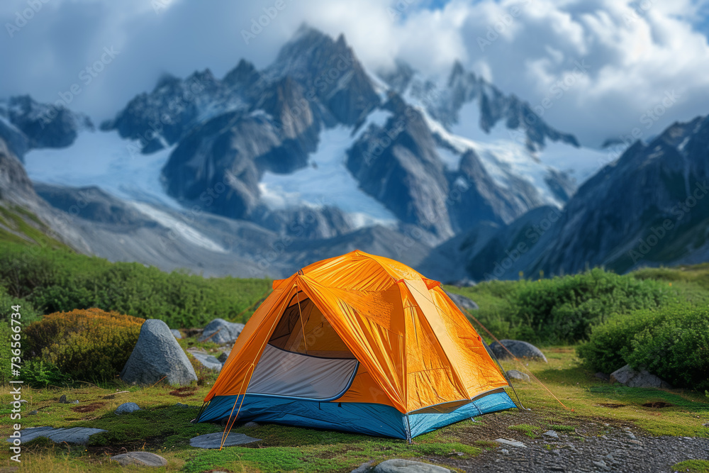 A photograph of a colorful tent pitched against a backdrop of snow-capped peaks, illustrating the thrill of camping in the heart of a winter wonderland.  Generative Ai.