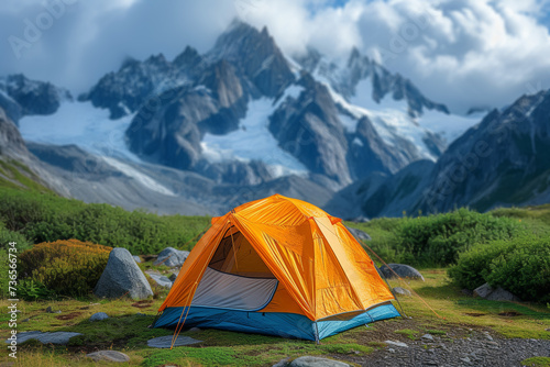 A photograph of a colorful tent pitched against a backdrop of snow-capped peaks, illustrating the thrill of camping in the heart of a winter wonderland. Generative Ai.