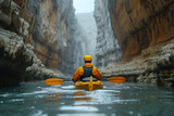 A photograph of a kayaker paddling through a narrow canyon with towering cliffs on either side, showcasing the thrill and intimacy of exploring tight waterways.  Generative Ai.