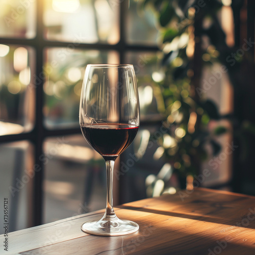 Elegant Glass of Red Wine on Wooden Table with Warm Backlight