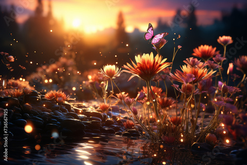 A surreal meadow bathed in soft, golden light where flowers take flight like butterflies, adding a touch of whimsy to the enchanting scene. Concept of airborne floral fantasies. Generative Ai. © Sebastian