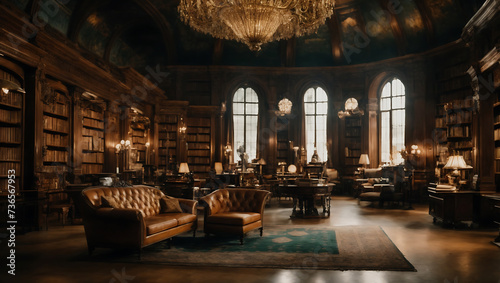 Majestatyczna biblioteka w ciepłych barwach domowego wnętrza © MS
