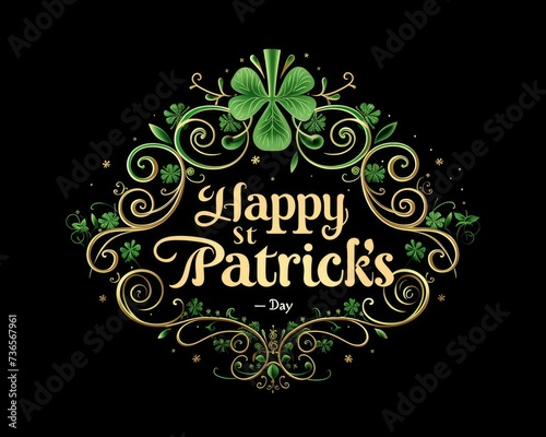 Greeting card with text Happy St. Patrick Day  green style  black background  clover Irish culture