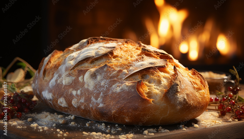 Freshly baked bread on a rustic table, ready to eat generated by AI Freshly baked bread on a rustic table, ready to eat generated by AI