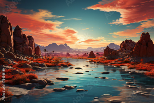 A surreal desert oasis where palm trees sway gently in the breeze, and the water reflects the colors of a mesmerizing, ever-changing sky. Concept of oasis dreams. Generative Ai.