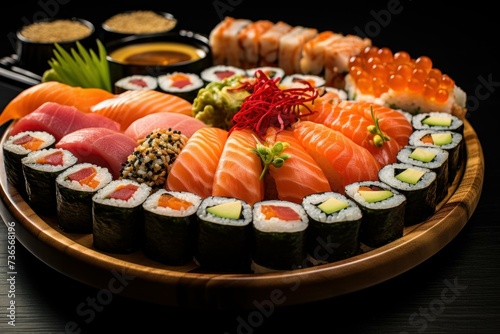 Delicious Platter sushi rolls. Seafood meal. Generate Ai
