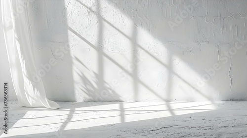 Elegant white Curtains in a Room with Sunlight Shadows on the Wall. Background for Product Presentation