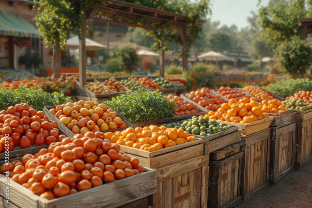 An image of a local farmers' market bustling with activity, promoting the benefits of supporting local agriculture and reducing the carbon footprint. Generative Ai.