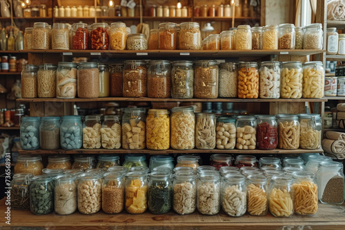 A creative display of repurposed glass jars and containers used for bulk grocery shopping, illustrating the zero-waste lifestyle and its positive impact on the environment. Generative Ai.