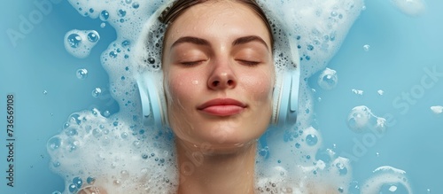 Relaxed millennial lady in headphones enjoying spa day in foamy water.