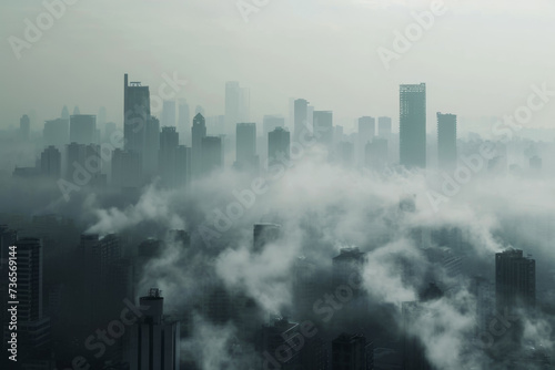 city skyline covered in smog. The smog is thick and gray, and there are people wearing masks in the background