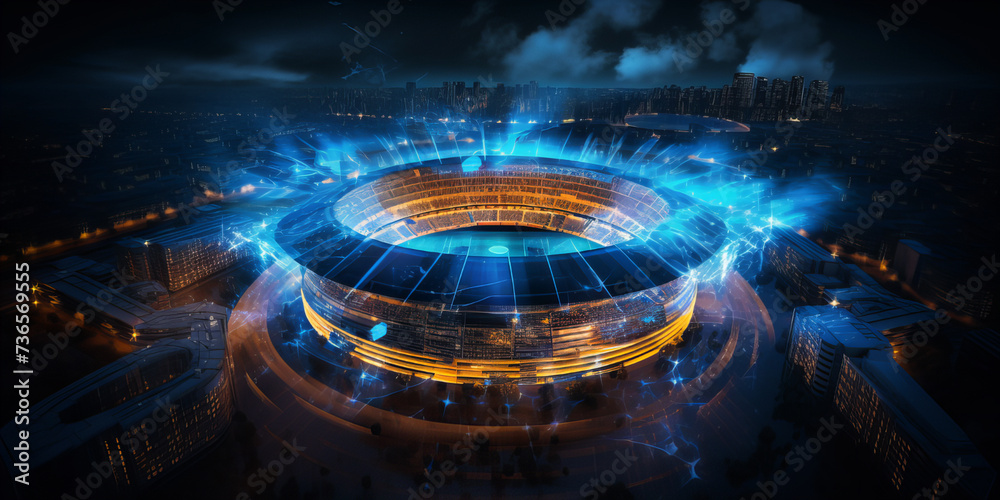A large modern football stadium with fireworks. A large modern football stadium with fireworks.