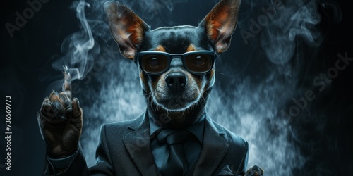 Cool dog in a suit, gangster businessman in a jacket and hat, with a cigar and smoke