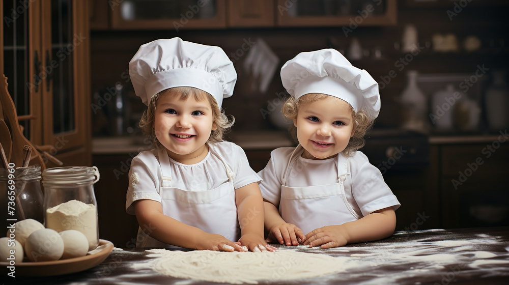 Two children in chef's hat on Modern Kitchen Two children in chef's hat on Modern Kitchen