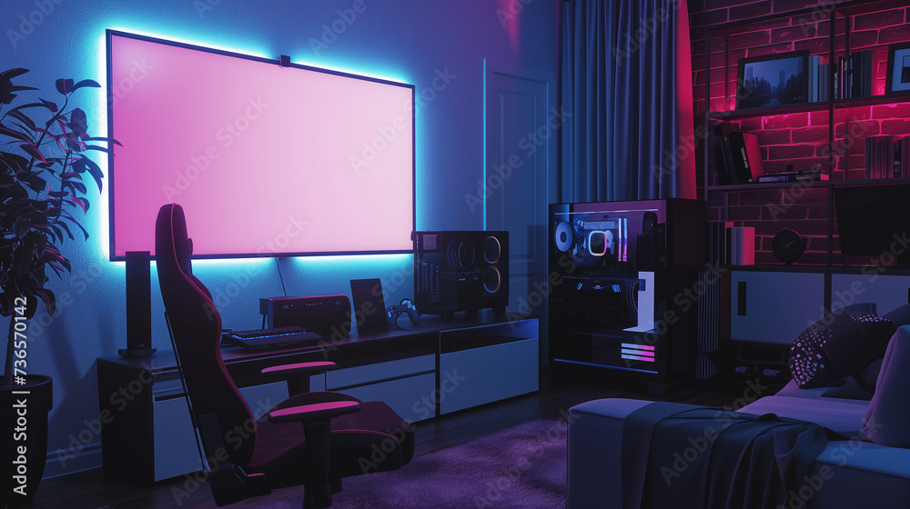 Immersive Gamer's Room Mockup: Blank Screen on Wall with Gaming Concept