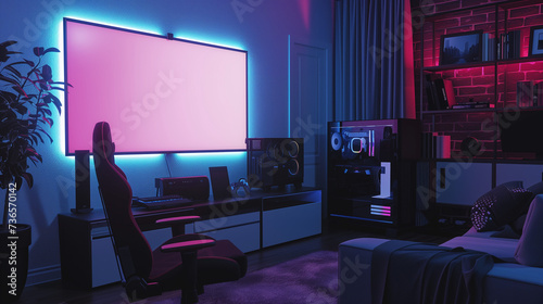 Immersive Gamer's Room Mockup: Blank Screen on Wall with Gaming Concept