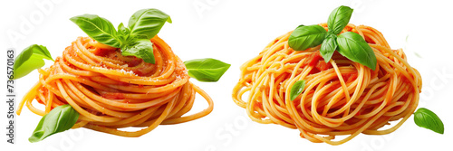 Perfectly twirled spaghetti with fresh basil and tomato sauce on Transparent Background