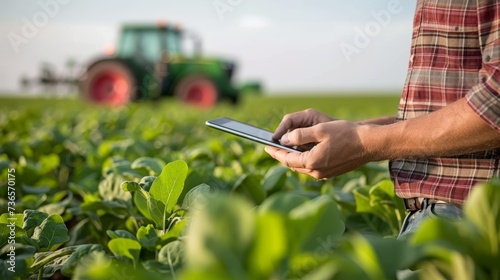 Farmer using tablet in field, with tractor and farm in background, copy space for text placement