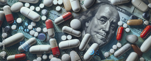 tablet bills and medication with money expenses for pharmaceutical treatment and invoices of healthcare and insurance coverage, also drug dealing or cure research labs concepts banner