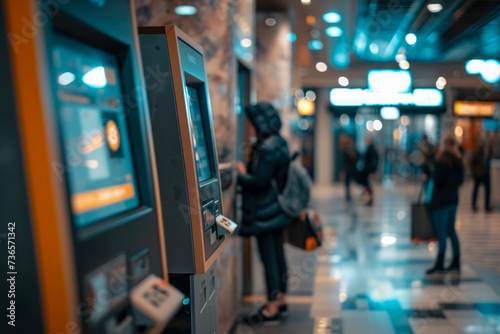 close-up of a cryptocurrency ATM in a public place. The ATM is easy to use and secure, and there are other people in the background