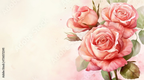 Watercolor painting of delicate roses on a textured background, ideal for romantic and artistic themes. © mashimara