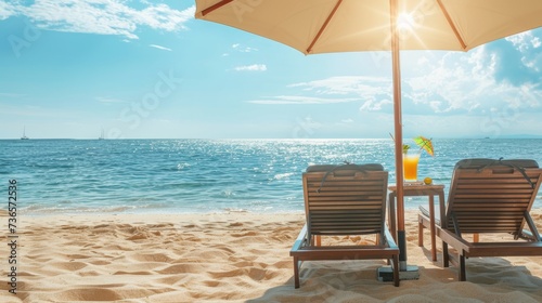 Two wooden beach chairs under an umbrella with a refreshing cocktail, overlooking a sunny seascape. Perfect for vacation and leisure concepts.