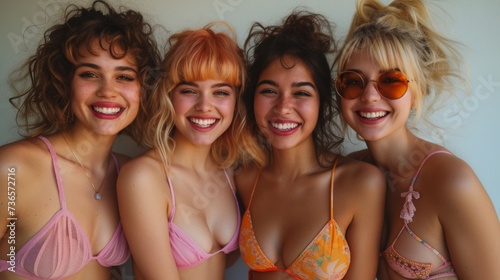 Group of four beautiful young women in swimsuits and sunglasses smiling at camera