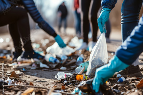 Closeup of volunteer group cleaning up litter in natural environments. Generative AI