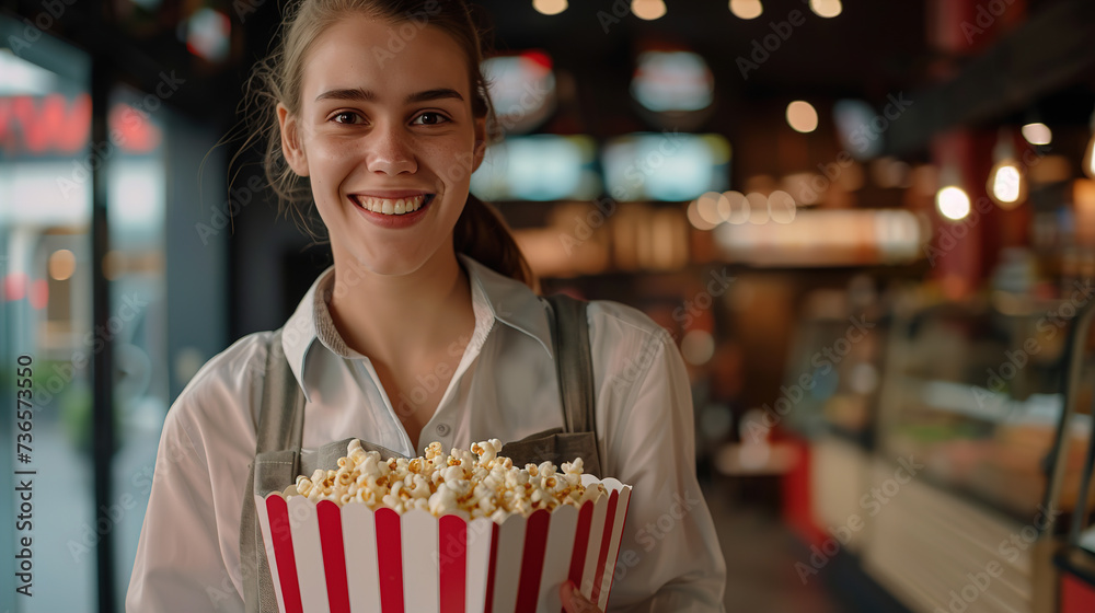 A young Woman working in the cafeteria of a movie theater falls holding a box of Popcorn to customers. A young Woman working in the cafeteria of a movie theater falls holding a box of Popcorn to customers.