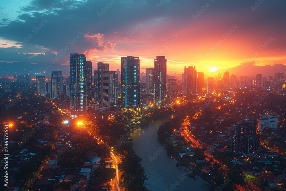 Fototapeta premium A city skyline during both day and night, illustrating the transformation of urban landscapes with changing light conditions. Concept of diurnal contrast. Generative Ai.