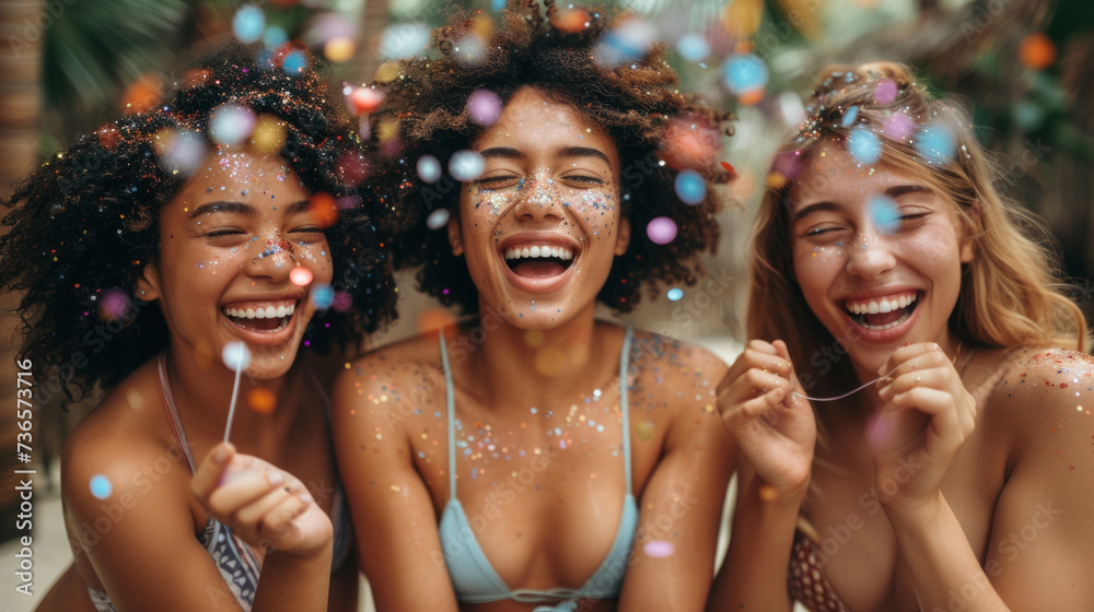 Three young happy young women in swimsuits having fun with confetti.