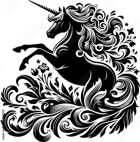 horse  unicorn Pegasus silhouette flowers ornament decoration  floral vector design