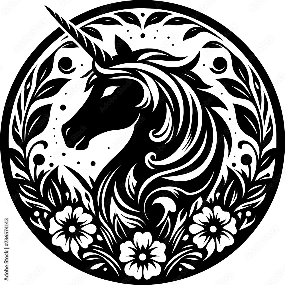 horse, unicorn Pegasus silhouette flowers ornament decoration, floral vector design
