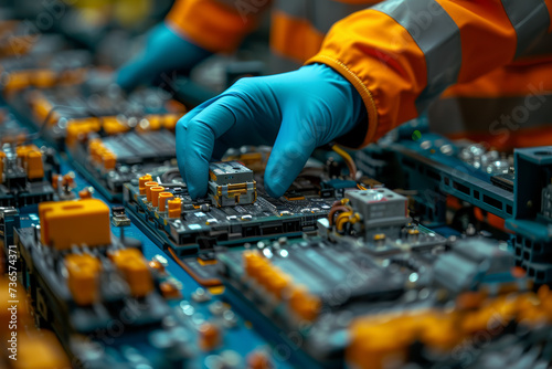 A close-up of a scientist's hands assembling components for an electric car, showcasing the commitment to eco-friendly transportation. Concept of electric vehicle development. Generative Ai.