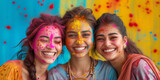 Exuberant Holi Festival Colors Explosion. Joyful friends celebrating Holi with vibrant colored powders in the air, festive mood.