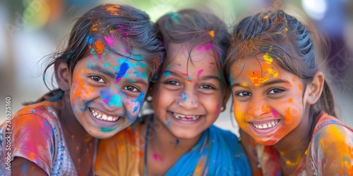 Exuberant Holi Festival Colors Explosion. Joyful friends celebrating Holi with vibrant colored powders in the air, festive mood.