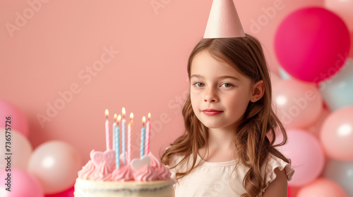 Birthday Girl. A girl wearing a party hat, stands beside a birthday cake adorned with lit candles, surrounded by a balloon backdrop, embodying the joy of a birthday celebration.